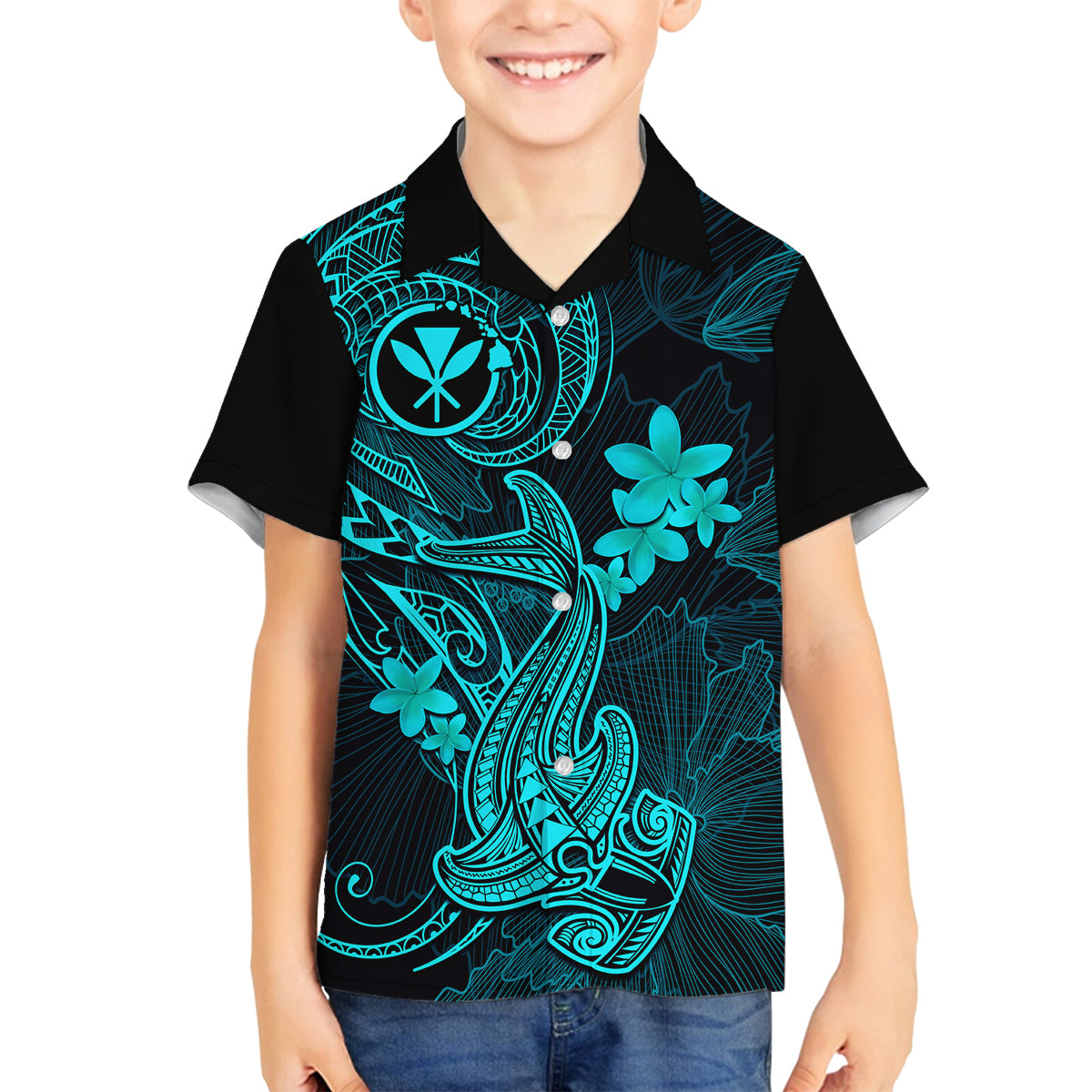 Hawaii Kid Hawaiian Shirt Hammerhead Shark Tattoo Mix Polynesian Plumeria Turquoise Version LT14 - Polynesian Pride