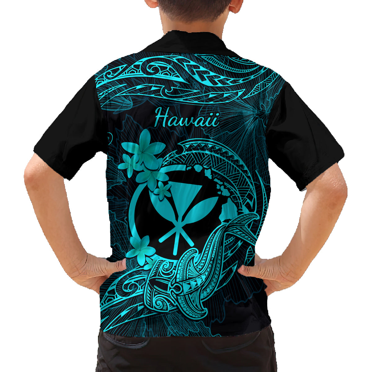 Hawaii Kid Hawaiian Shirt Hammerhead Shark Tattoo Mix Polynesian Plumeria Turquoise Version LT14 - Polynesian Pride