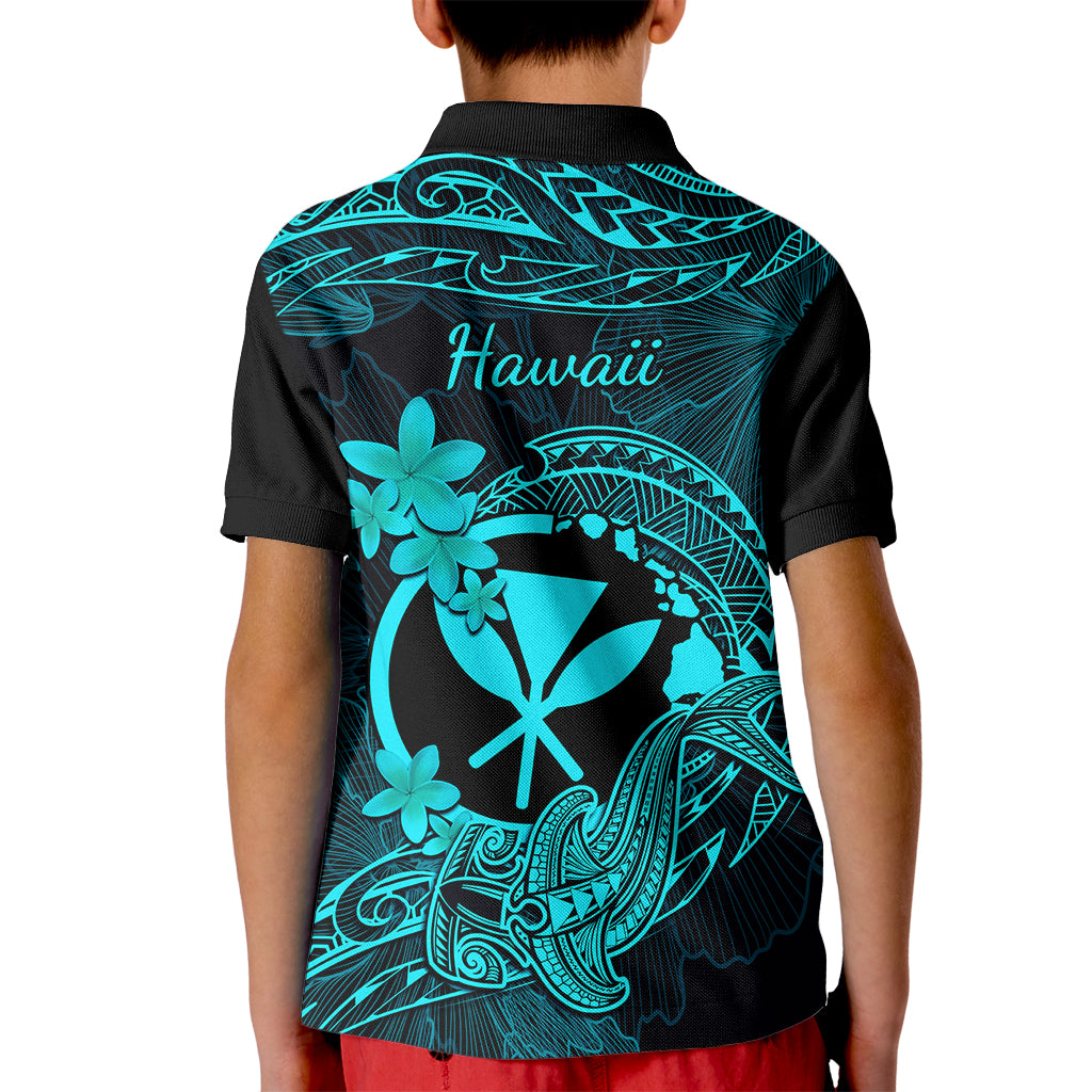 Hawaii Kid Polo Shirt Hammerhead Shark Tattoo Mix Polynesian Plumeria Turquoise Version LT14 - Polynesian Pride