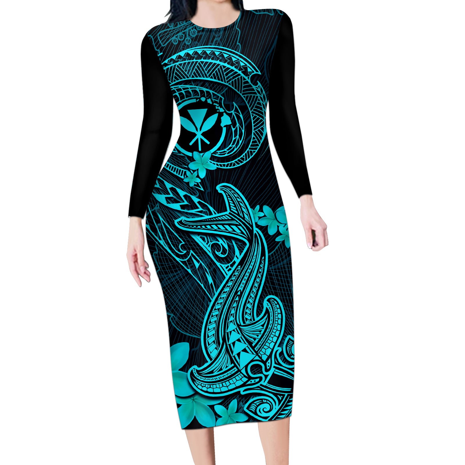 hawaii-long-sleeve-bodycon-dress-hammerhead-shark-tattoo-mix-polynesian-plumeria-turquoise-version