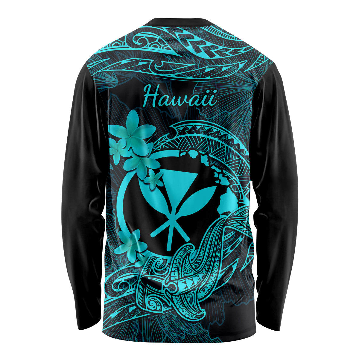 Hawaii Long Sleeve Shirt Hammerhead Shark Tattoo Mix Polynesian Plumeria Turquoise Version LT14 - Polynesian Pride