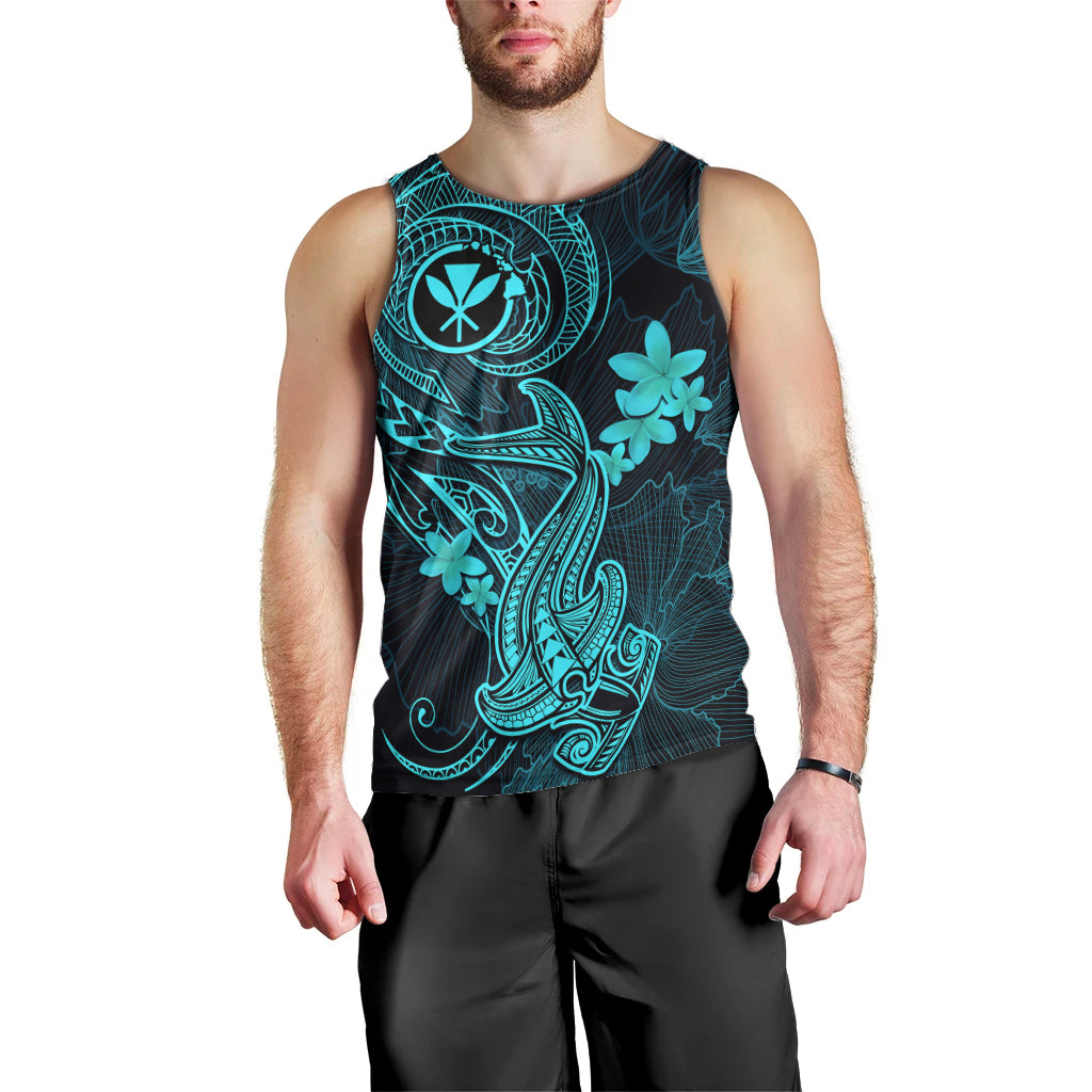 Hawaii Men Tank Top Hammerhead Shark Tattoo Mix Polynesian Plumeria Turquoise Version LT14 - Polynesian Pride