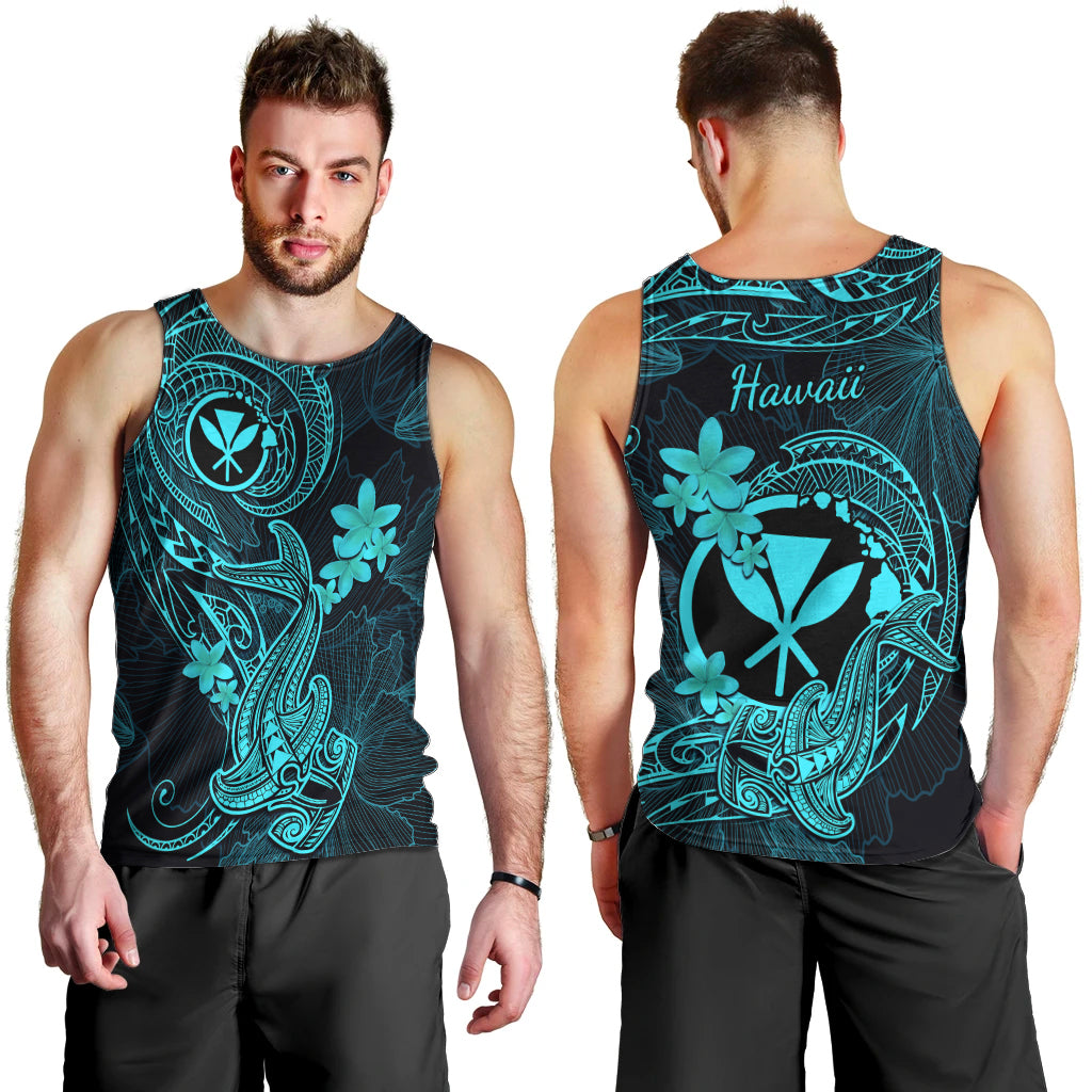 Hawaii Men Tank Top Hammerhead Shark Tattoo Mix Polynesian Plumeria Turquoise Version LT14 - Polynesian Pride