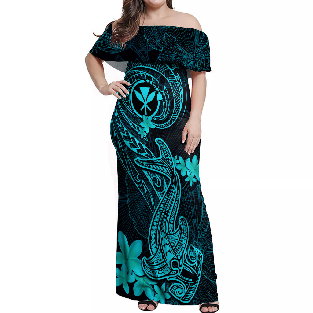 Hawaii Off Shoulder Maxi Dress Hammerhead Shark Tattoo Mix Polynesian Plumeria Turquoise Version LT14 Women Turquoise - Polynesian Pride