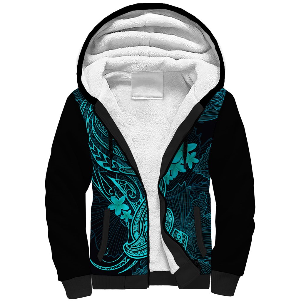 Hawaii Sherpa Hoodie Hammerhead Shark Tattoo Mix Polynesian Plumeria Turquoise Version LT14 Unisex Turquoise - Polynesian Pride