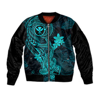 Hawaii Sleeve Zip Bomber Jacket Hammerhead Shark Tattoo Mix Polynesian Plumeria Turquoise Version LT14 Unisex Turquoise - Polynesian Pride