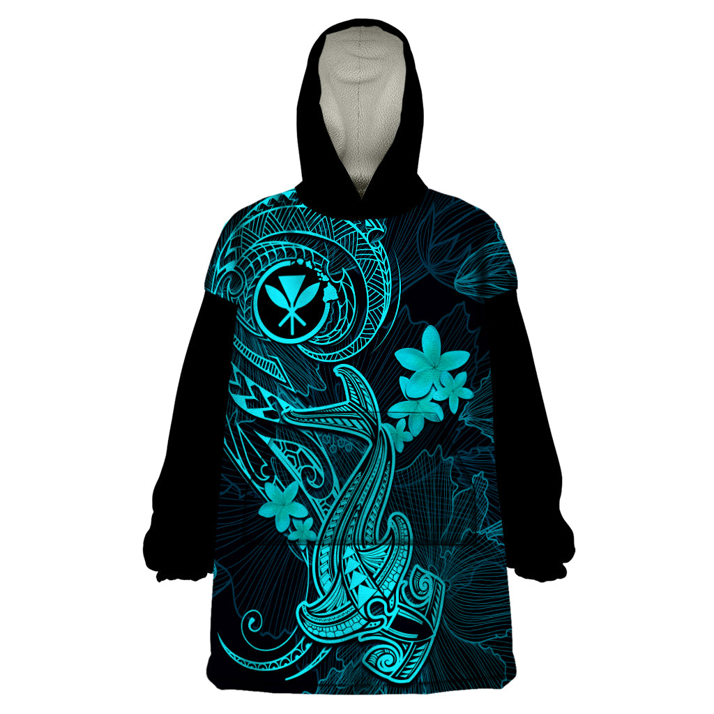 Hawaii Wearable Blanket Hoodie Hammerhead Shark Tattoo Mix Polynesian Plumeria Turquoise Version LT14 One Size Turquoise - Polynesian Pride