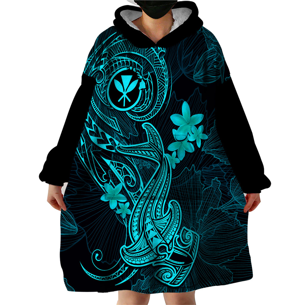 Hawaii Wearable Blanket Hoodie Hammerhead Shark Tattoo Mix Polynesian Plumeria Turquoise Version LT14 - Polynesian Pride