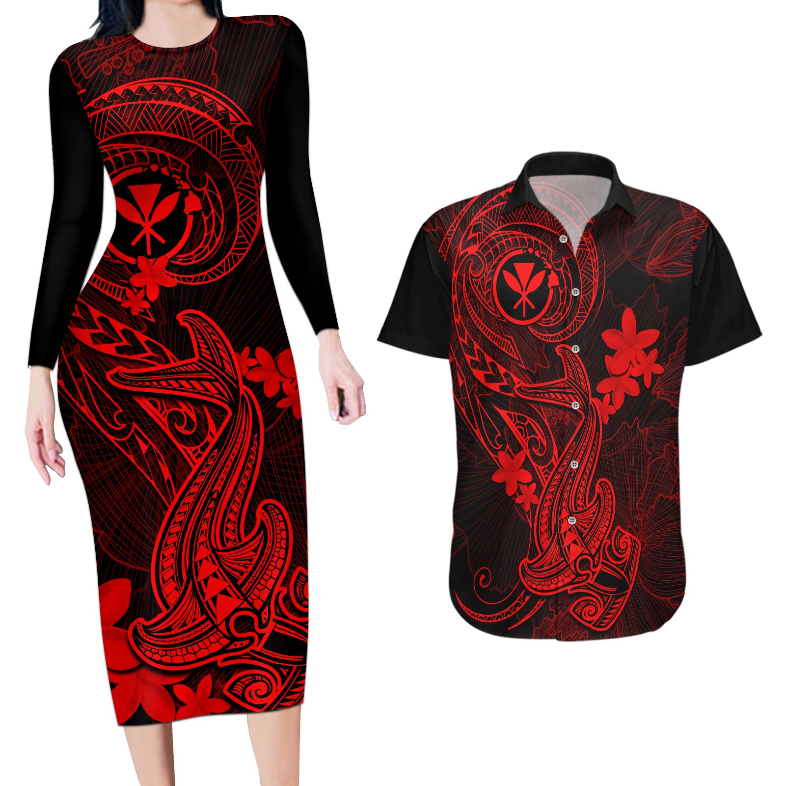 hawaii-couples-matching-long-sleeve-bodycon-dress-and-hawaiian-shirt-hammerhead-shark-tattoo-mix-polynesian-plumeria-red-version