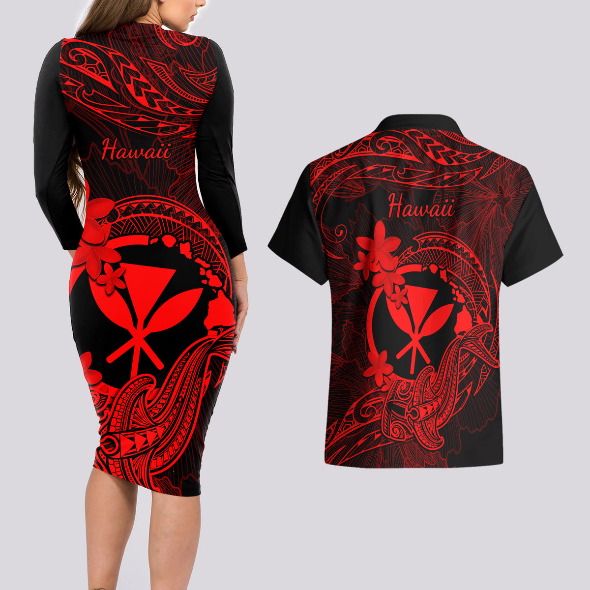 hawaii-couples-matching-long-sleeve-bodycon-dress-and-hawaiian-shirt-hammerhead-shark-tattoo-mix-polynesian-plumeria-red-version