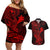 hawaii-couples-matching-off-shoulder-short-dress-and-hawaiian-shirt-hammerhead-shark-tattoo-mix-polynesian-plumeria-red-version