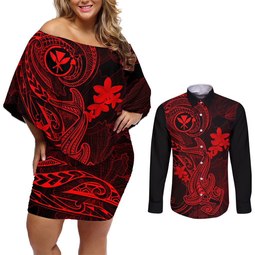 Hawaii Couples Matching Off Shoulder Short Dress and Long Sleeve Button Shirts Hammerhead Shark Tattoo Mix Polynesian Plumeria Red Version LT14 Red - Polynesian Pride