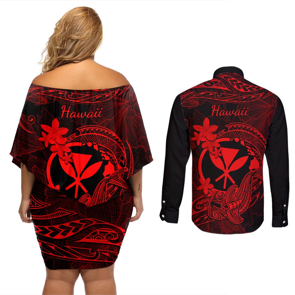 Hawaii Couples Matching Off Shoulder Short Dress and Long Sleeve Button Shirts Hammerhead Shark Tattoo Mix Polynesian Plumeria Red Version LT14 - Polynesian Pride