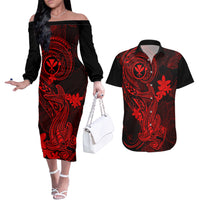 hawaii-couples-matching-off-the-shoulder-long-sleeve-dress-and-hawaiian-shirt-hammerhead-shark-tattoo-mix-polynesian-plumeria-red-version