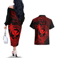 hawaii-couples-matching-off-the-shoulder-long-sleeve-dress-and-hawaiian-shirt-hammerhead-shark-tattoo-mix-polynesian-plumeria-red-version