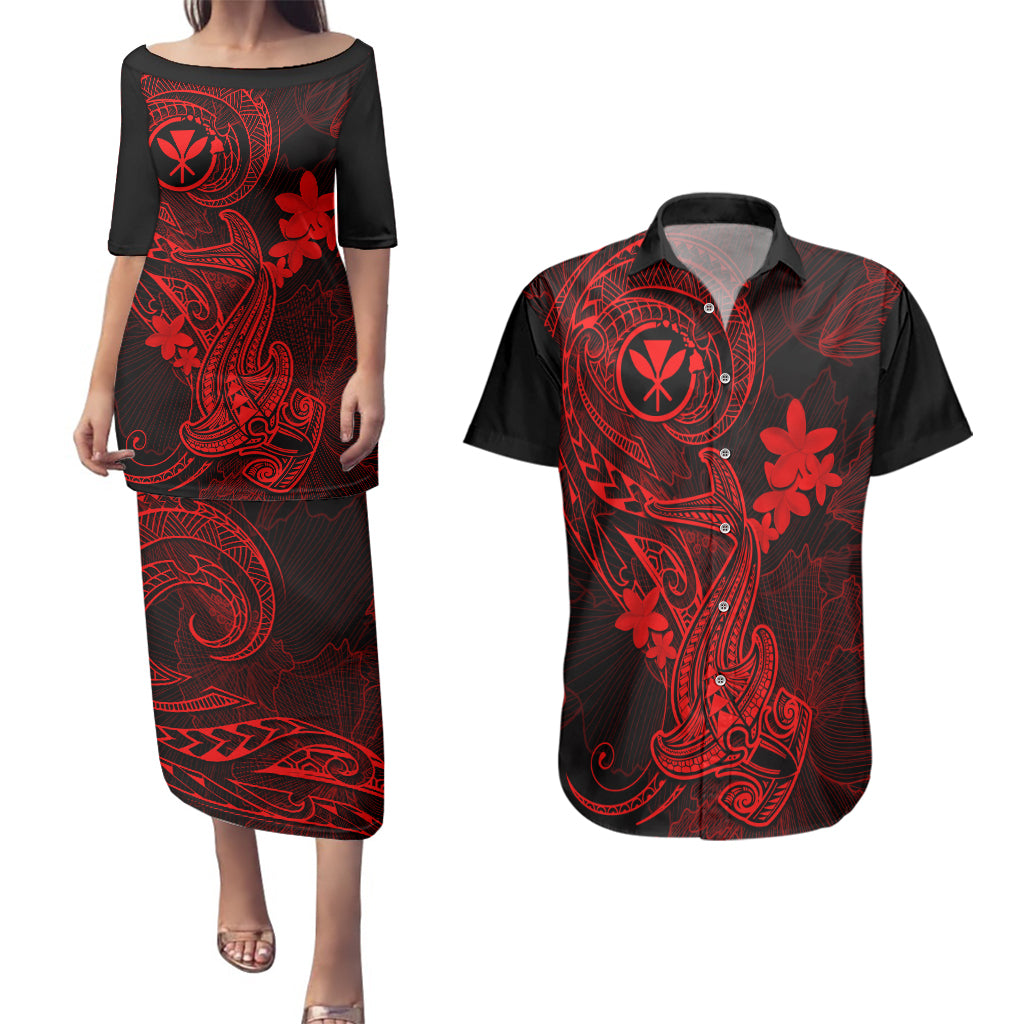 hawaii-couples-matching-puletasi-dress-and-hawaiian-shirt-hammerhead-shark-tattoo-mix-polynesian-plumeria-red-version