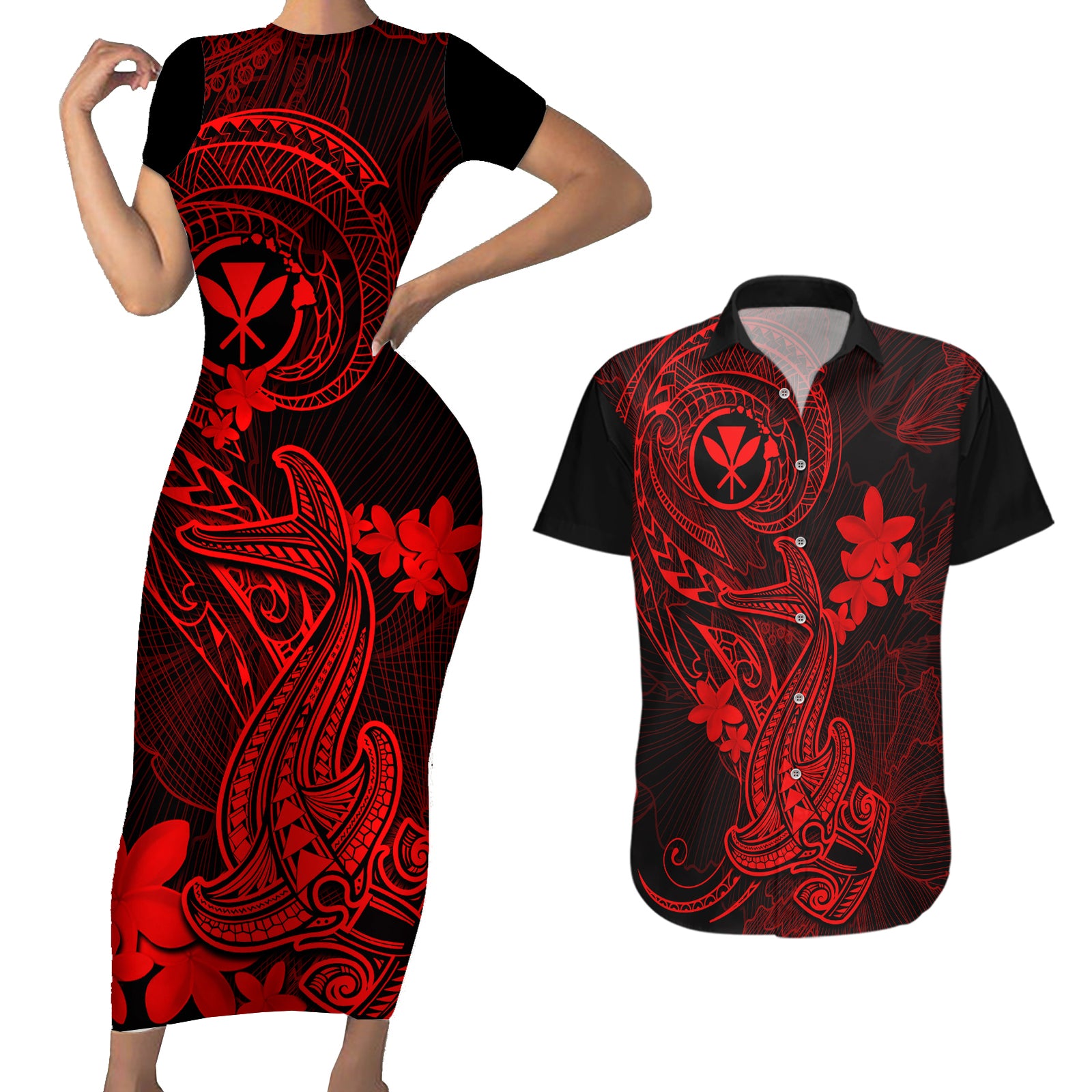 Hawaii Couples Matching Short Sleeve Bodycon Dress and Hawaiian Shirt Hammerhead Shark Tattoo Mix Polynesian Plumeria Red Version LT14 Red - Polynesian Pride