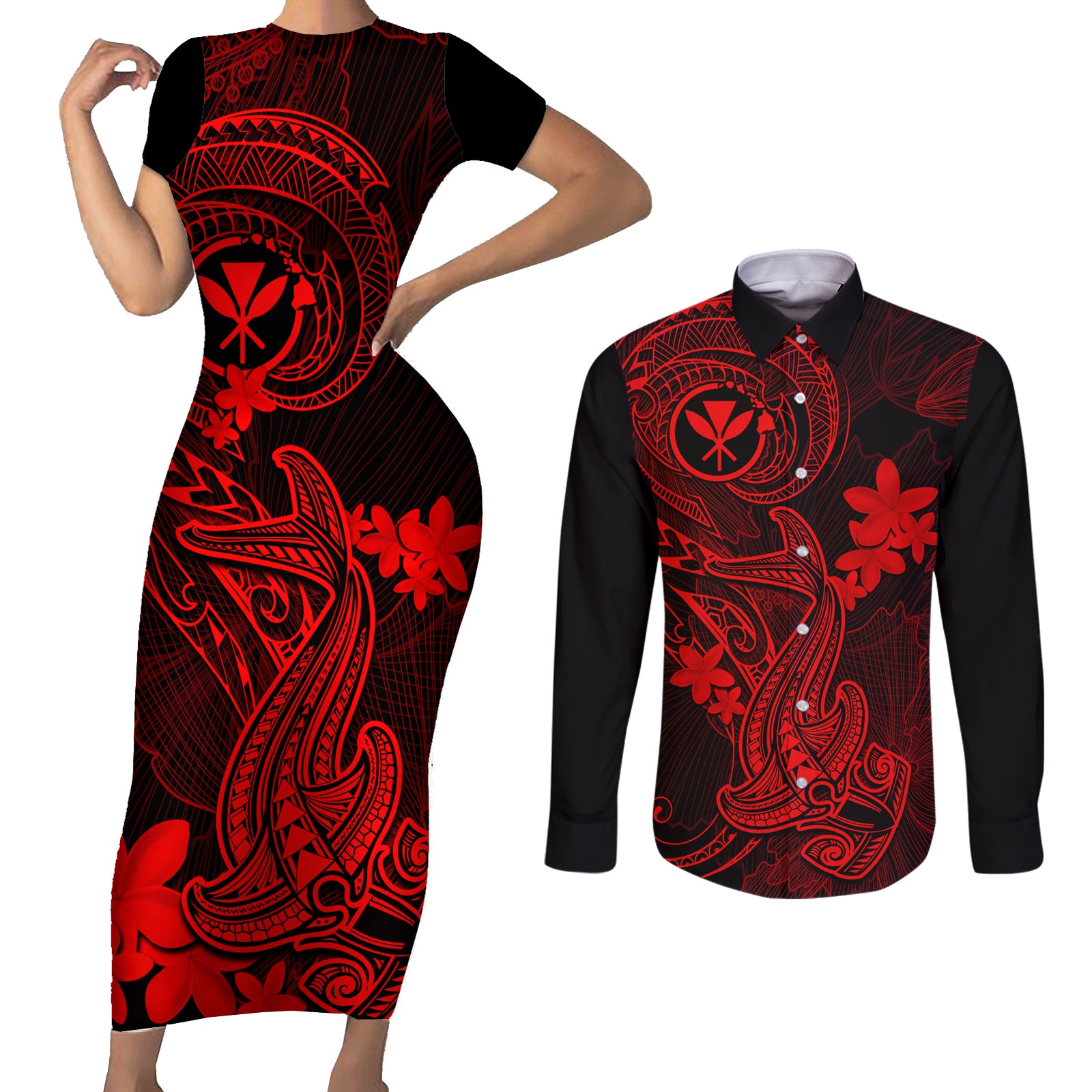 Hawaii Couples Matching Short Sleeve Bodycon Dress and Long Sleeve Button Shirts Hammerhead Shark Tattoo Mix Polynesian Plumeria Red Version LT14 Red - Polynesian Pride