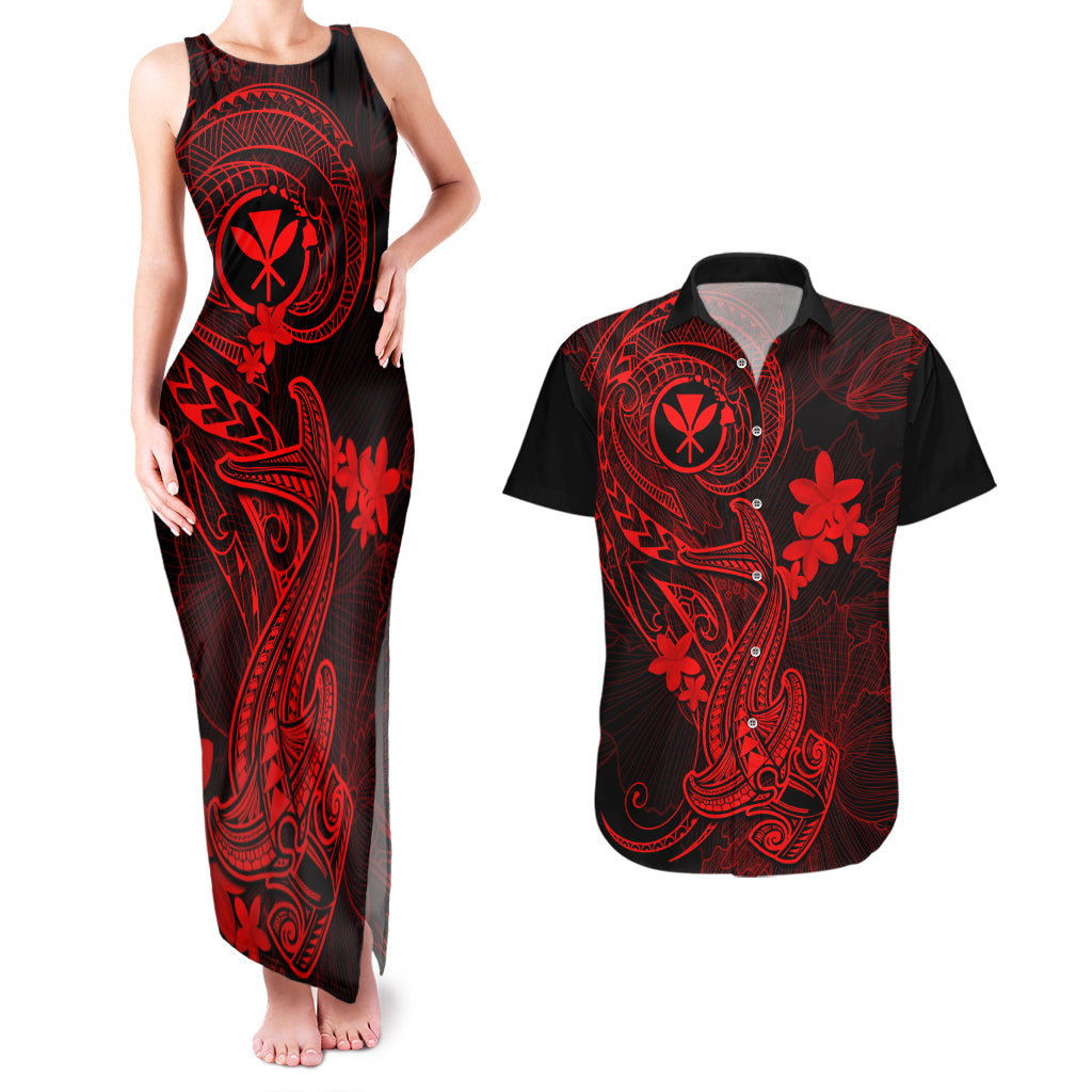 Hawaii Couples Matching Tank Maxi Dress and Hawaiian Shirt Hammerhead Shark Tattoo Mix Polynesian Plumeria Red Version LT14 Red - Polynesian Pride