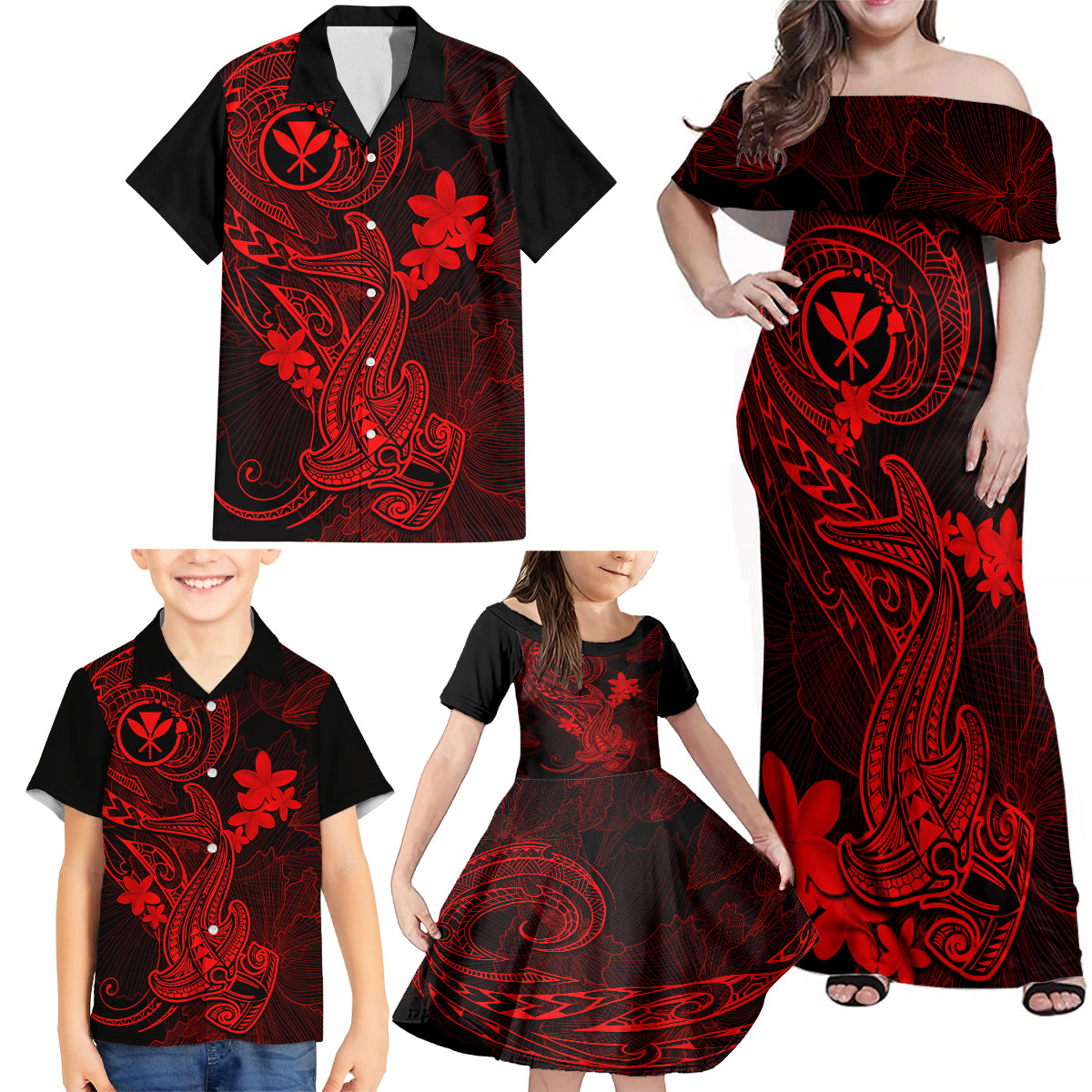 hawaii-family-matching-off-shoulder-maxi-dress-and-hawaiian-shirt-hammerhead-shark-tattoo-mix-polynesian-plumeria-red-version