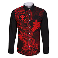 hawaii-family-matching-off-shoulder-maxi-dress-and-hawaiian-shirt-hammerhead-shark-tattoo-mix-polynesian-plumeria-red-version