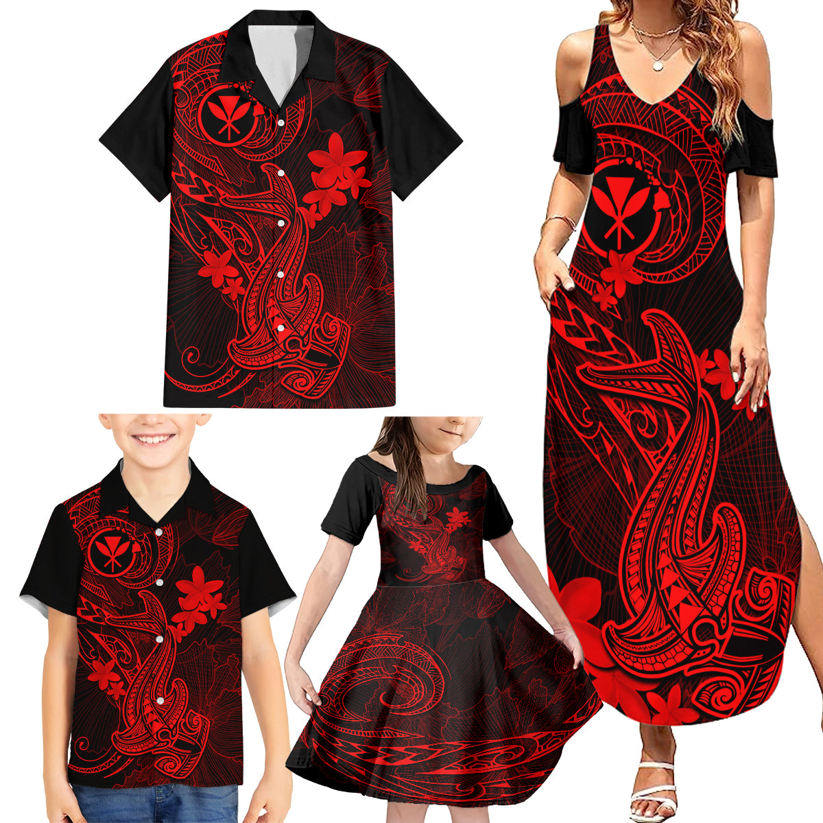 hawaii-family-matching-summer-maxi-dress-and-hawaiian-shirt-hammerhead-shark-tattoo-mix-polynesian-plumeria-red-version