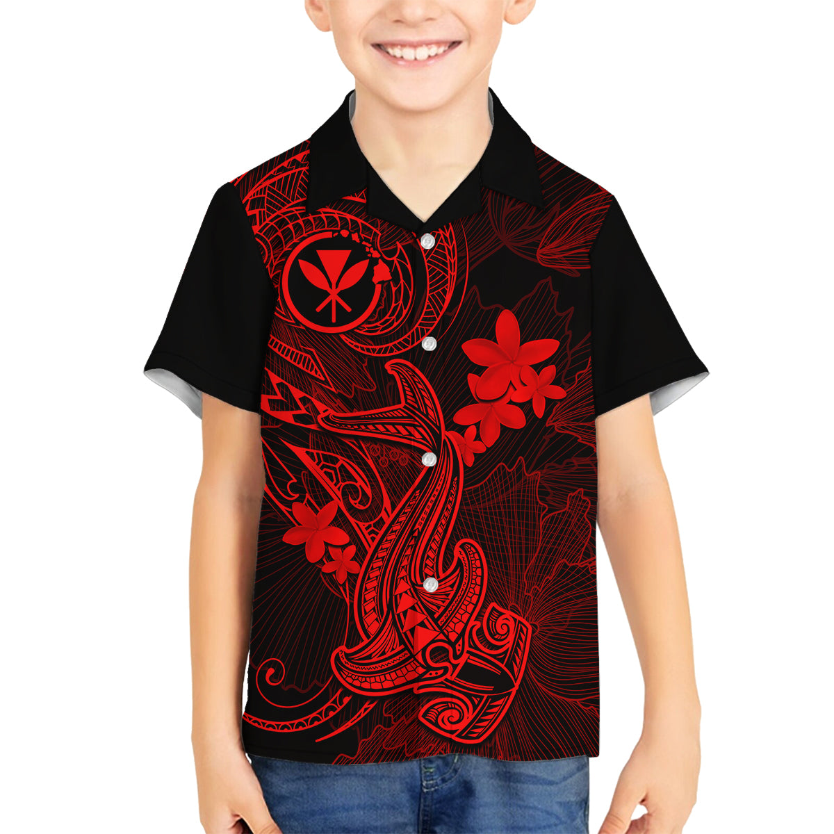Hawaii Kid Hawaiian Shirt Hammerhead Shark Tattoo Mix Polynesian Plumeria Red Version LT14 - Polynesian Pride