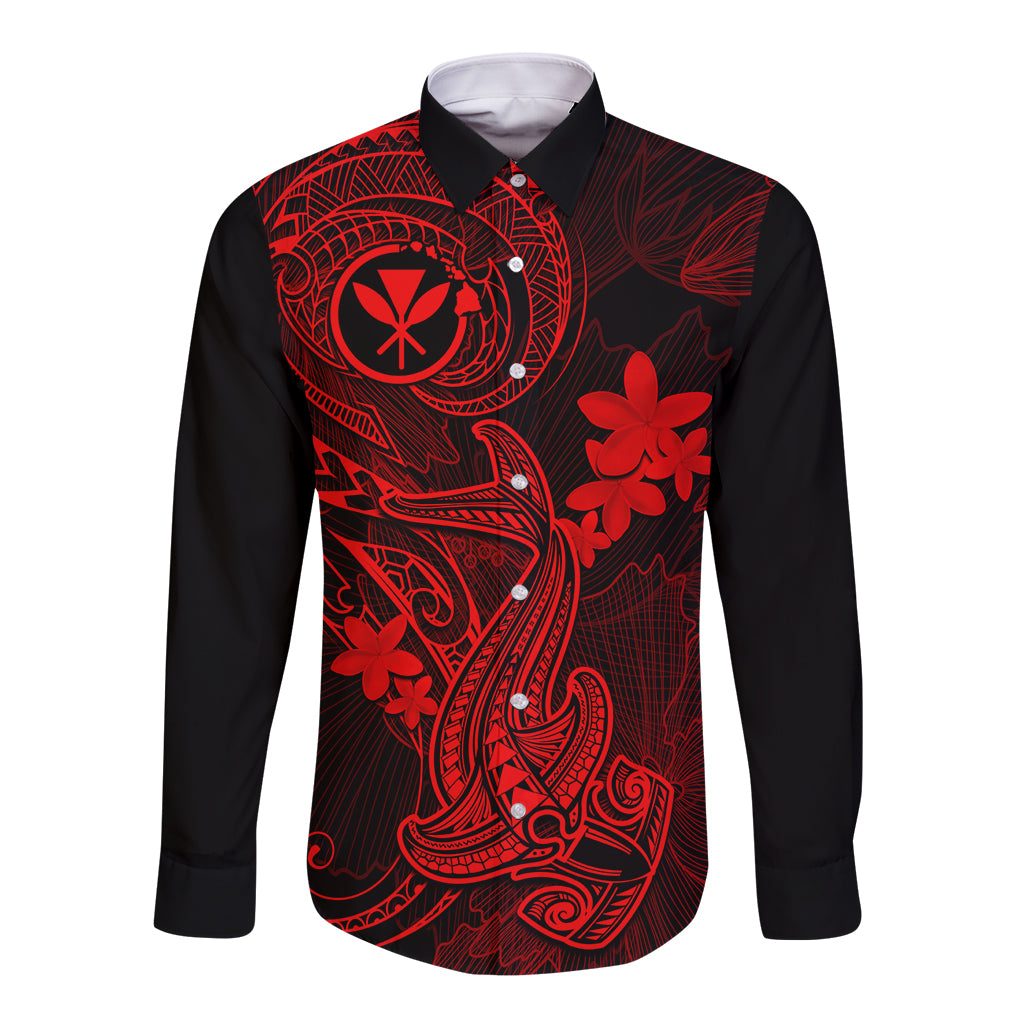 hawaii-long-sleeve-button-shirt-hammerhead-shark-tattoo-mix-polynesian-plumeria-red-version