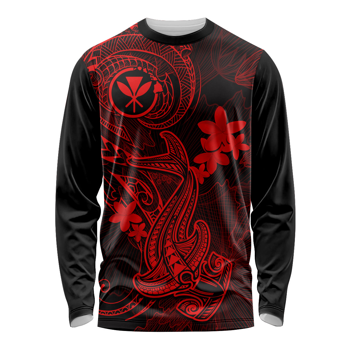 Hawaii Long Sleeve Shirt Hammerhead Shark Tattoo Mix Polynesian Plumeria Red Version LT14 Unisex Red - Polynesian Pride