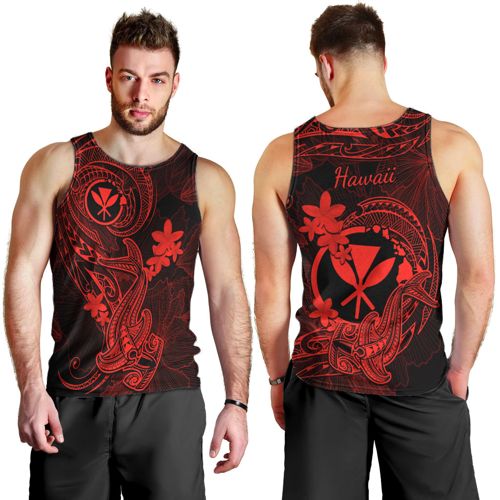 Hawaii Men Tank Top Hammerhead Shark Tattoo Mix Polynesian Plumeria Red Version LT14 - Polynesian Pride