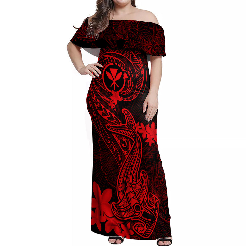 Hawaii Off Shoulder Maxi Dress Hammerhead Shark Tattoo Mix Polynesian Plumeria Red Version LT14 Women Red - Polynesian Pride