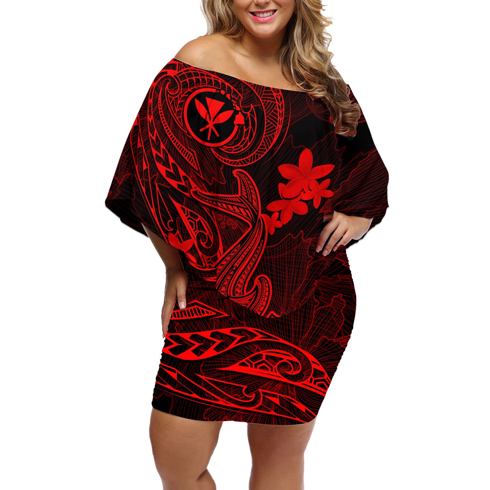 hawaii-off-shoulder-short-dress-hammerhead-shark-tattoo-mix-polynesian-plumeria-red-version