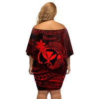 Hawaii Off Shoulder Short Dress Hammerhead Shark Tattoo Mix Polynesian Plumeria Red Version LT14 - Polynesian Pride