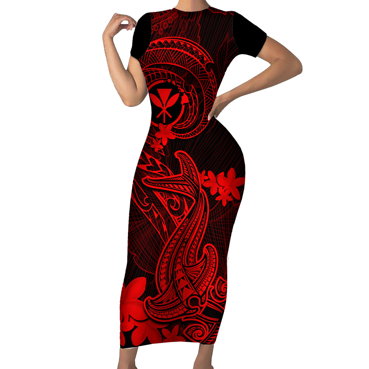 hawaii-short-sleeve-bodycon-dress-hammerhead-shark-tattoo-mix-polynesian-plumeria-red-version