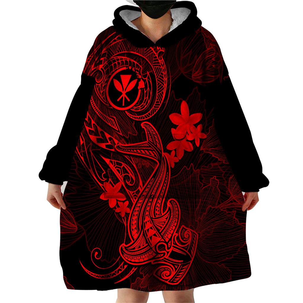 Hawaii Wearable Blanket Hoodie Hammerhead Shark Tattoo Mix Polynesian Plumeria Red Version LT14 - Polynesian Pride