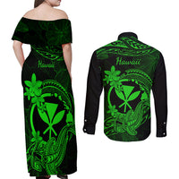 Hawaii Couples Matching Off Shoulder Maxi Dress and Long Sleeve Button Shirts Hammerhead Shark Tattoo Mix Polynesian Plumeria Green Version LT14 - Polynesian Pride