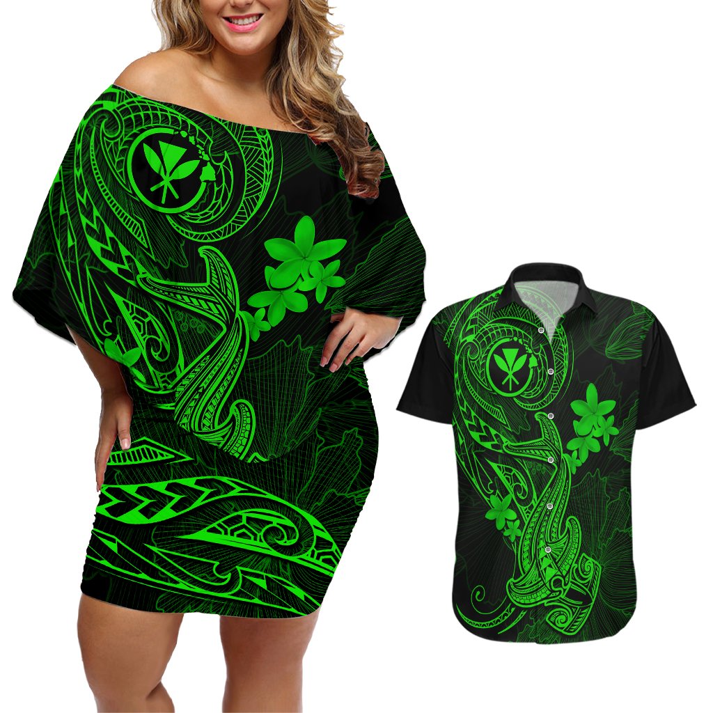 Hawaii Couples Matching Off Shoulder Short Dress and Hawaiian Shirt Hammerhead Shark Tattoo Mix Polynesian Plumeria Green Version LT14 Green - Polynesian Pride
