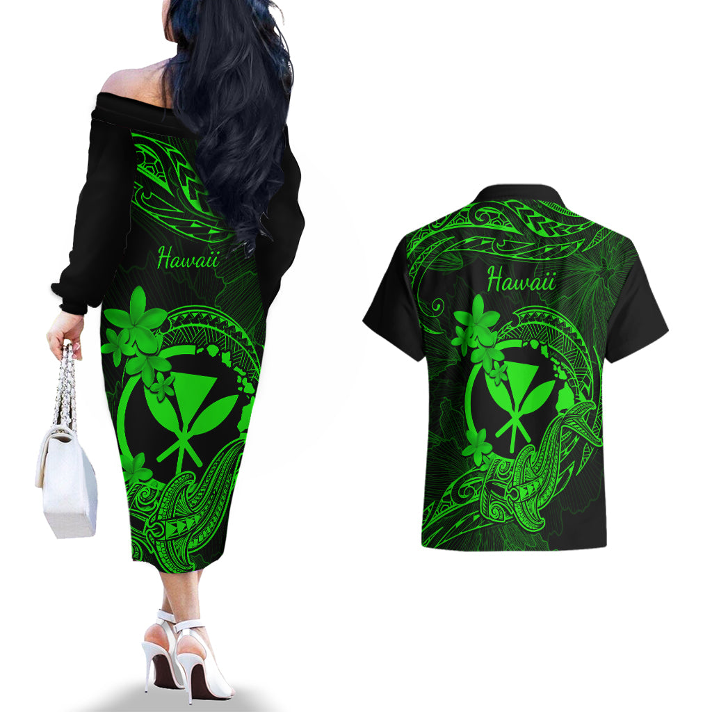 hawaii-couples-matching-off-the-shoulder-long-sleeve-dress-and-hawaiian-shirt-hammerhead-shark-tattoo-mix-polynesian-plumeria-green-version