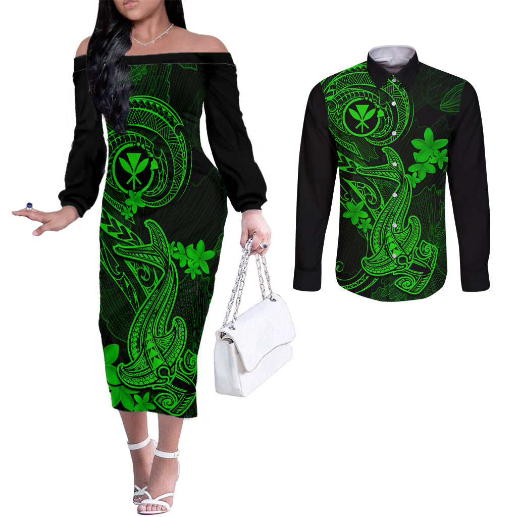 hawaii-couples-matching-off-the-shoulder-long-sleeve-dress-and-long-sleeve-button-shirts-hammerhead-shark-tattoo-mix-polynesian-plumeria-green-version