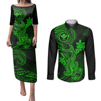Hawaii Couples Matching Puletasi Dress and Long Sleeve Button Shirts Hammerhead Shark Tattoo Mix Polynesian Plumeria Green Version LT14 Green - Polynesian Pride