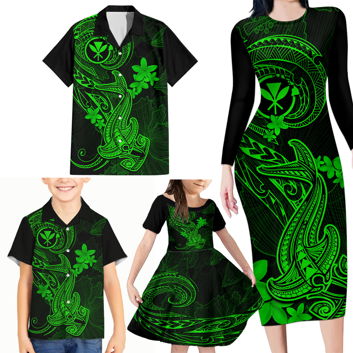 Hawaii Family Matching Long Sleeve Bodycon Dress and Hawaiian Shirt Hammerhead Shark Tattoo Mix Polynesian Plumeria Green Version LT14 - Polynesian Pride