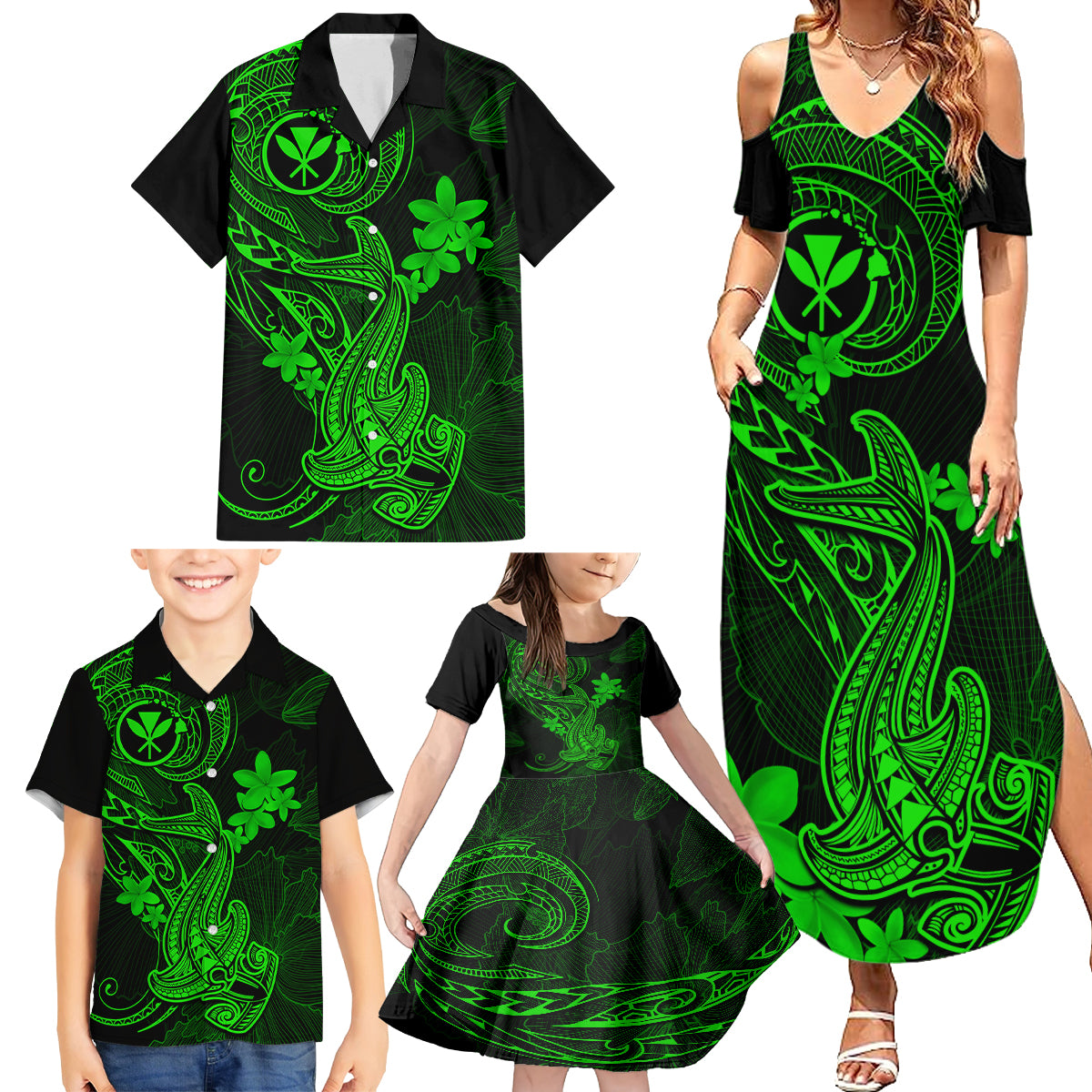 hawaii-family-matching-summer-maxi-dress-and-hawaiian-shirt-hammerhead-shark-tattoo-mix-polynesian-plumeria-green-version
