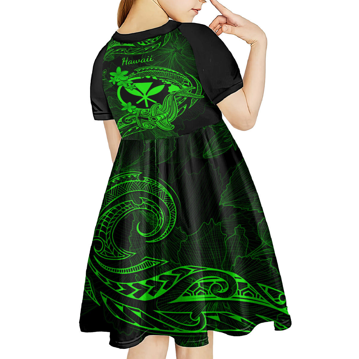 Hawaii Kid Short Sleeve Dress Hammerhead Shark Tattoo Mix Polynesian Plumeria Green Version LT14 - Polynesian Pride