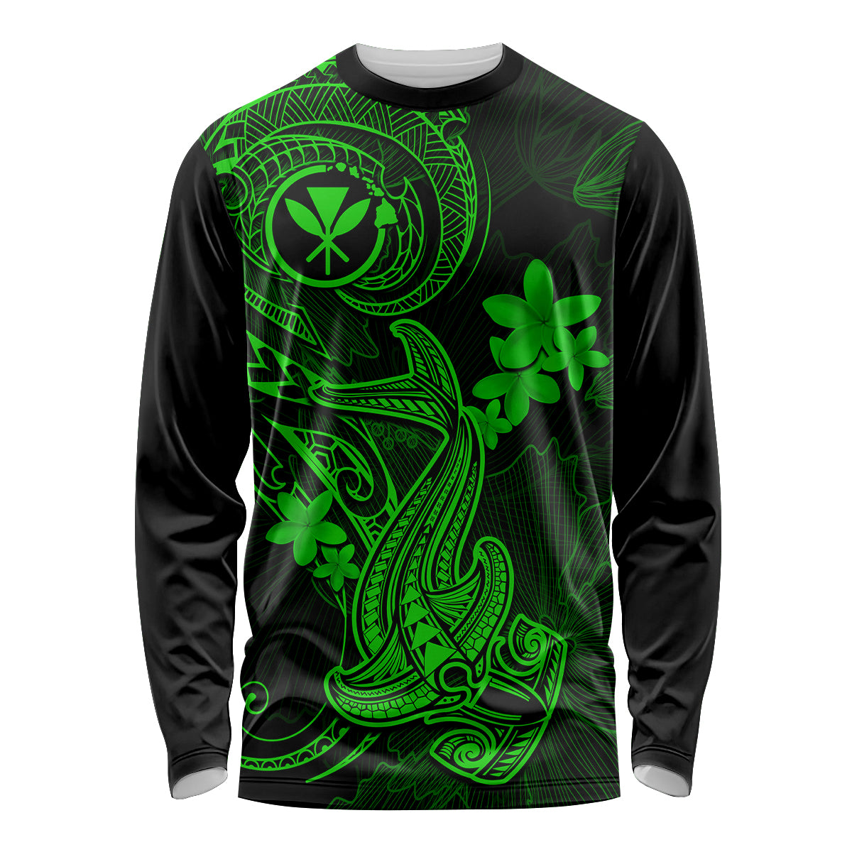 Hawaii Long Sleeve Shirt Hammerhead Shark Tattoo Mix Polynesian Plumeria Green Version LT14 Unisex Green - Polynesian Pride