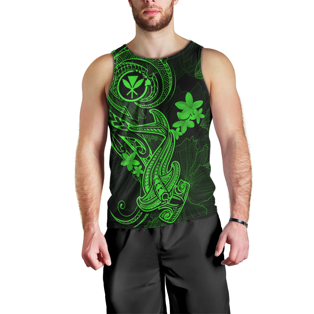 Hawaii Men Tank Top Hammerhead Shark Tattoo Mix Polynesian Plumeria Green Version LT14 - Polynesian Pride