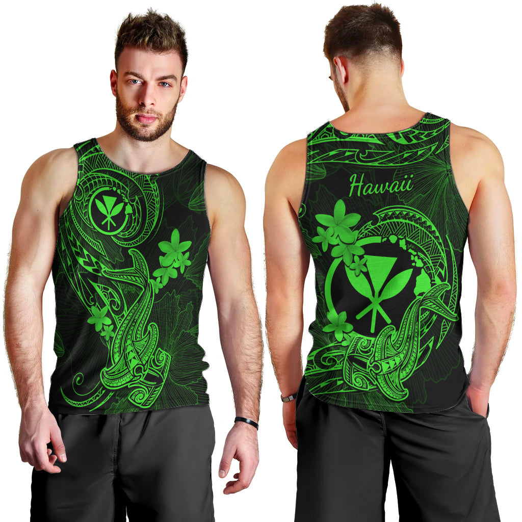 Hawaii Men Tank Top Hammerhead Shark Tattoo Mix Polynesian Plumeria Green Version LT14 - Polynesian Pride