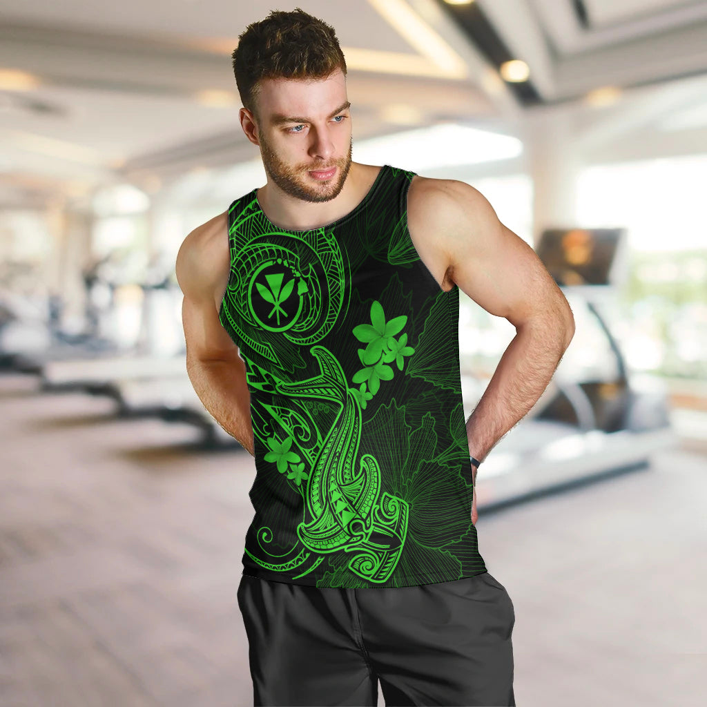 Hawaii Men Tank Top Hammerhead Shark Tattoo Mix Polynesian Plumeria Green Version LT14 - Polynesian Pride