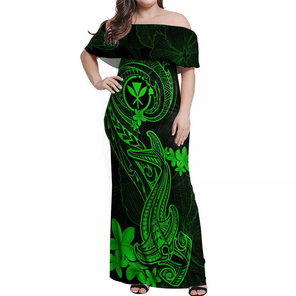Hawaii Off Shoulder Maxi Dress Hammerhead Shark Tattoo Mix Polynesian Plumeria Green Version LT14 Women Green - Polynesian Pride