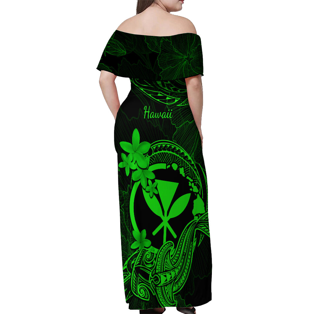 Hawaii Off Shoulder Maxi Dress Hammerhead Shark Tattoo Mix Polynesian Plumeria Green Version LT14 - Polynesian Pride