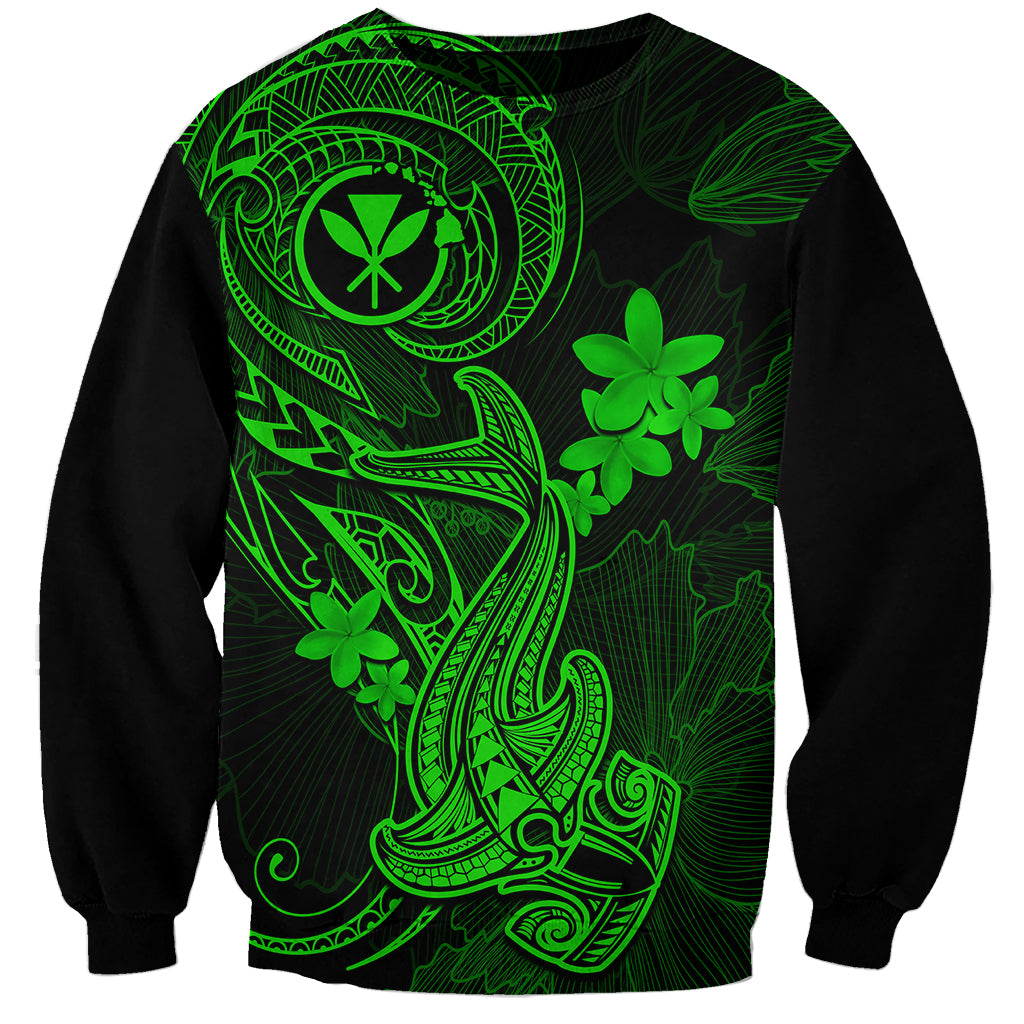Hawaii Sweatshirt Hammerhead Shark Tattoo Mix Polynesian Plumeria Green Version LT14 Unisex Green - Polynesian Pride